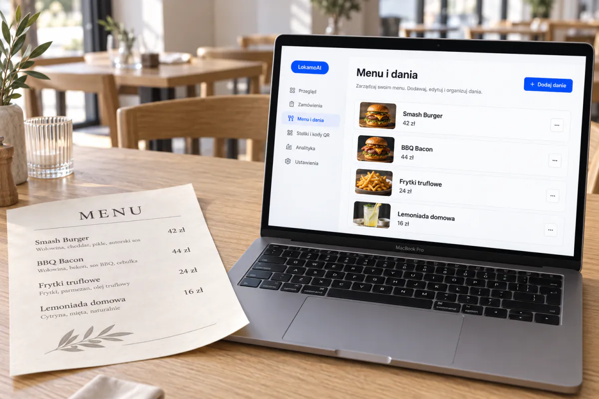 Papierowe menu obok MacBooka, na którym LokamoAI wypisało dania z cenami w panelu Lokamo