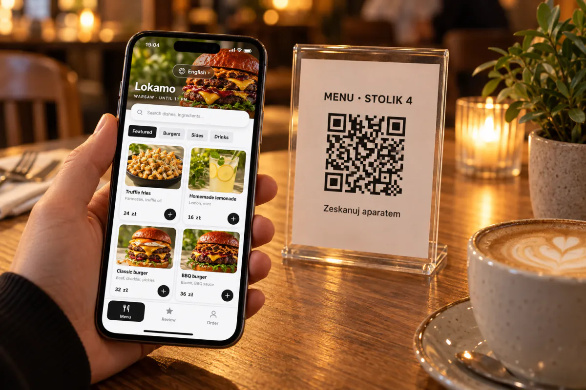 Gość przegląda menu w telefonie obok akrylowego stojaka z kodem QR na stoliku 4