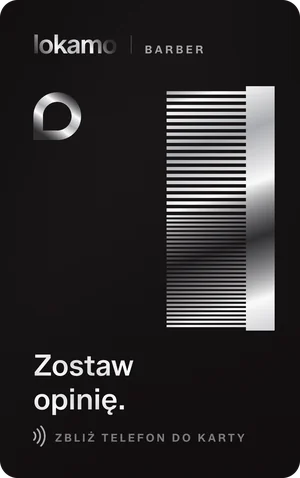 Czarna pionowa karta NFC Lokamo dla barbera z grafiką grzebienia i napisem „Zostaw opinię.”