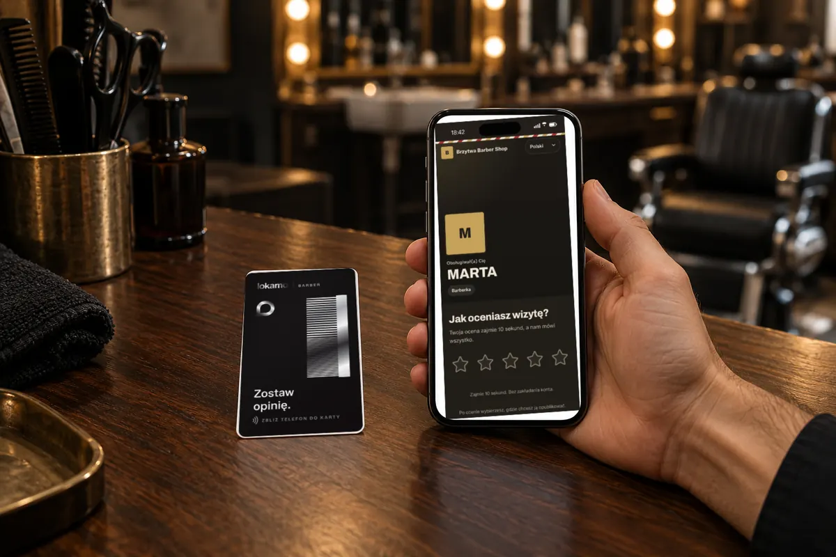 Klient trzyma telefon przy karcie NFC na blacie. Na ekranie ocena wizyty u barberki Marty z gwiazdkami.