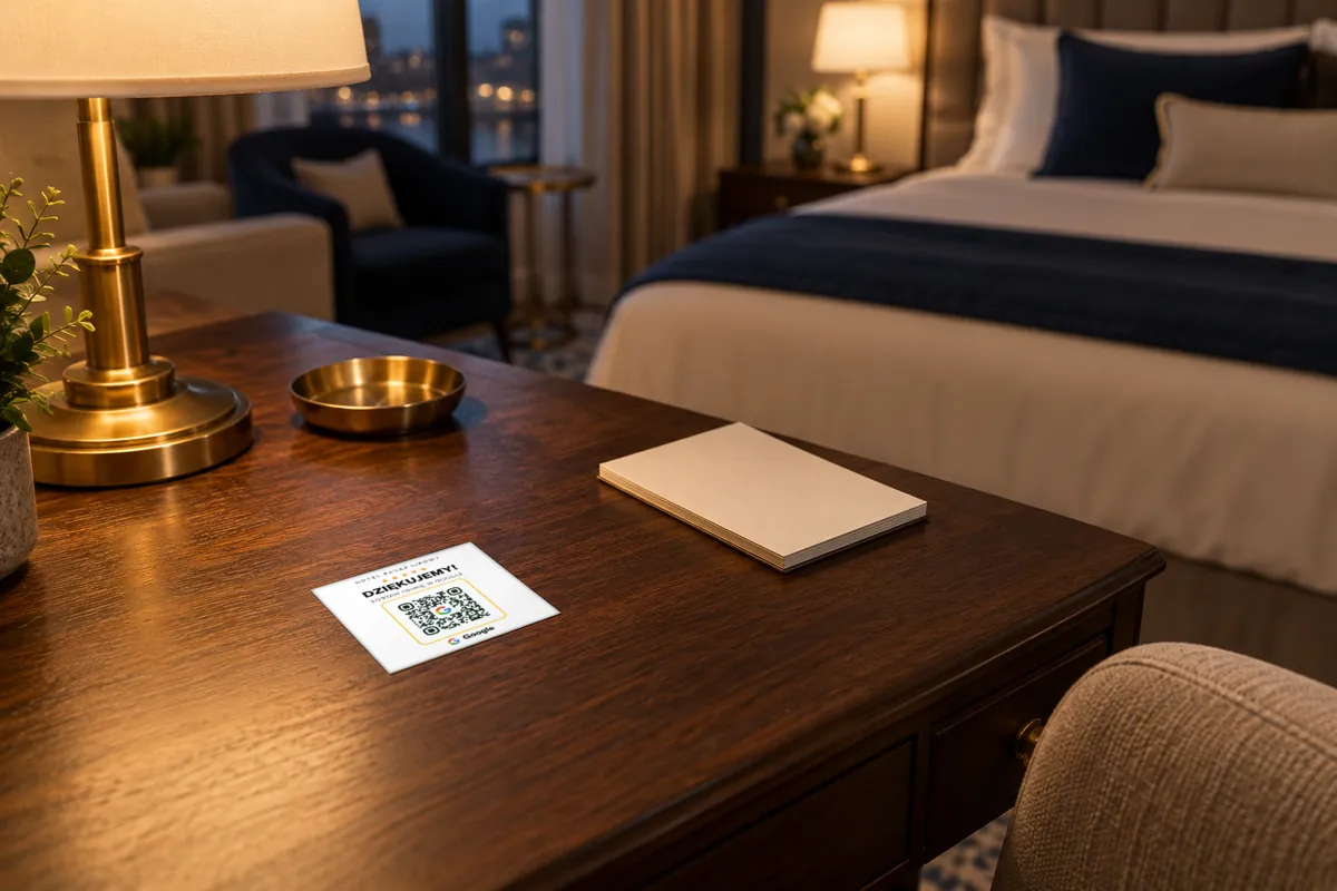 Naklejka QR Lokamo „Dziękujemy!” na biurku w pokoju hotelowym, obok lampki i mosiężnej tacki.