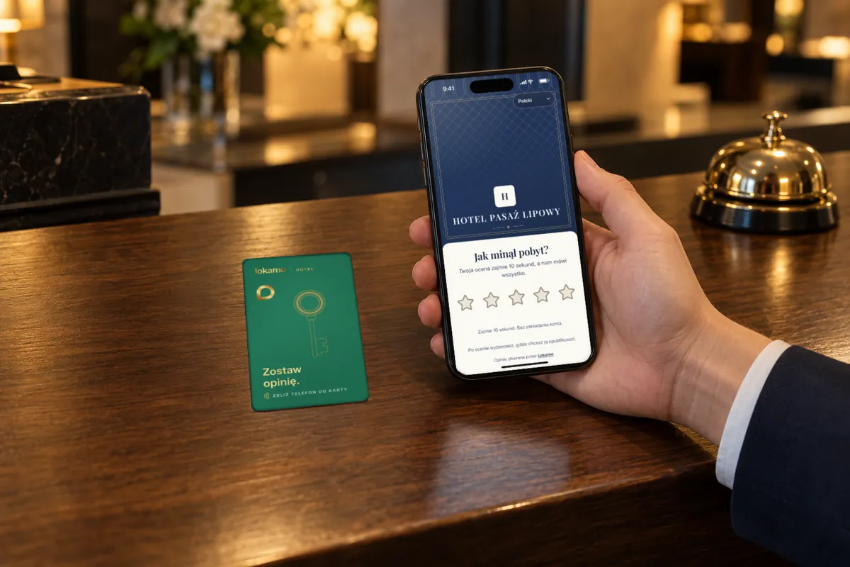 Gość trzyma telefon przy karcie NFC na ladzie recepcji. Na ekranie ocena pobytu w Hotelu Pasaż Lipowy.