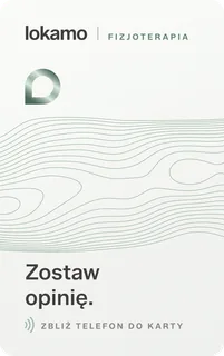 Ceramiczna pionowa karta NFC Lokamo dla gabinetu fizjoterapii z napisem „Zostaw opinię.”