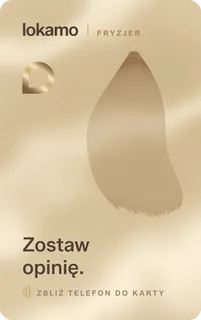 Pionowa karta NFC Lokamo dla fryzjera z grafiką nożyczek i napisem „Zostaw opinię.”