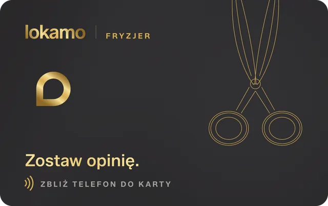 Karta NFC dla salonu fryzjerskiego, wariant Nożyczki: grafitowa karta ze złotymi nożyczkami, napis „Zostaw opinię.”
