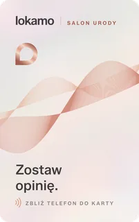 Perłowa pionowa karta NFC Lokamo dla salonu kosmetycznego z grafiką liścia i napisem „Zostaw opinię.”