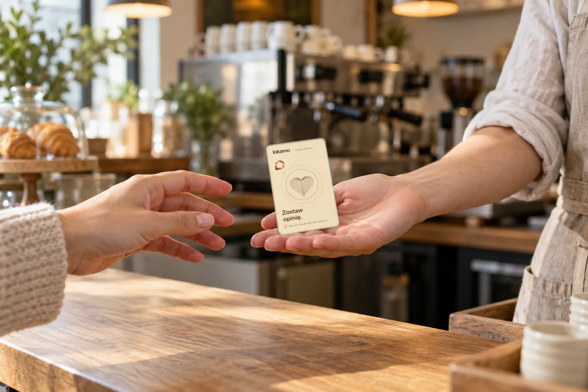 Barista podaje na otwartej dłoni kartę NFC Lokamo gościowi, który sięga po nią ręką.