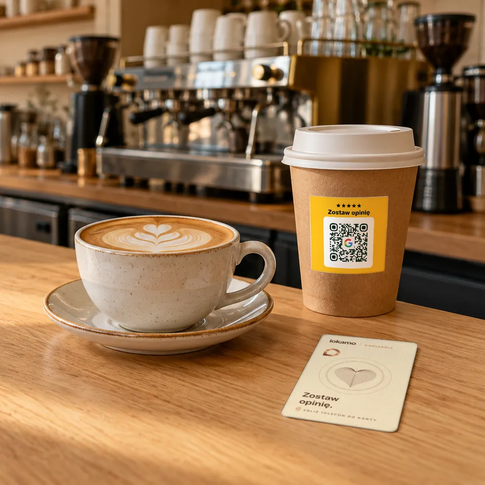 Lada kawiarni: karta NFC Lokamo obok cappuccino, na kubku na wynos naklejka QR z kodem do opinii.