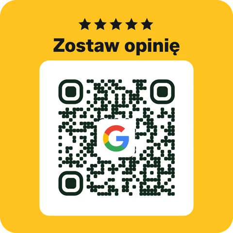 Podgląd naklejki Kwadrat 50 mm: żółta, z gwiazdkami, napisem „Zostaw opinię” i kodem QR