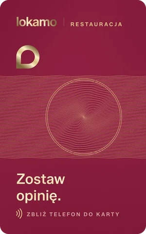 Bordowa pionowa karta NFC Lokamo dla restauracji ze złotym ornamentem i napisem „Zostaw opinię.”