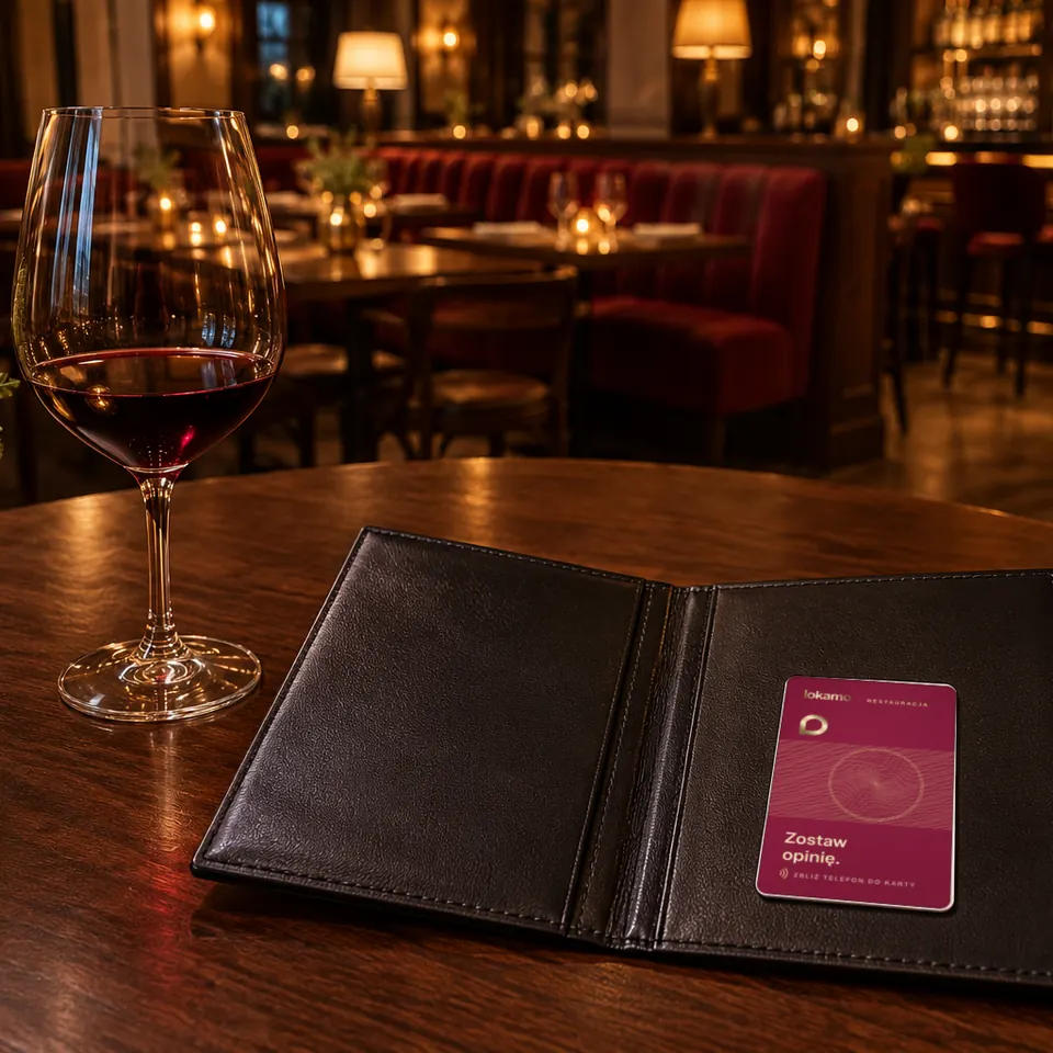 Otwarte skórzane etui na rachunek na stole restauracji, w środku bordowa karta NFC Lokamo „Zostaw opinię.”