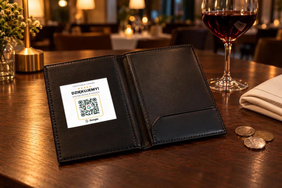 Naklejka QR Lokamo „Dziękujemy!” z nazwą Trattoria Lipowa wewnątrz otwartego etui na rachunek na stole.