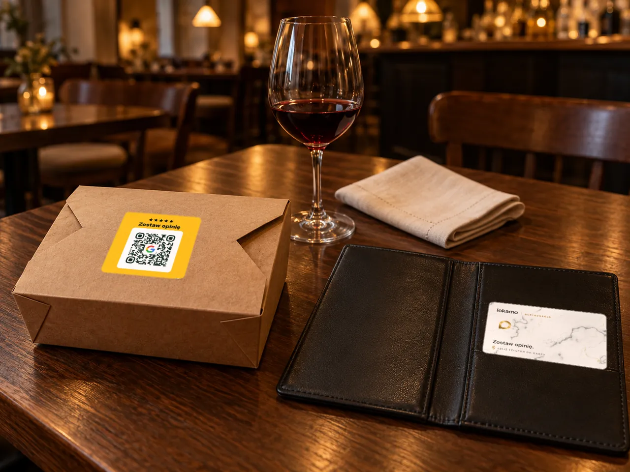 Stolik w bistro: pudełko na wynos z naklejką QR i karta NFC Lokamo w etui na rachunek, obok kieliszek wina