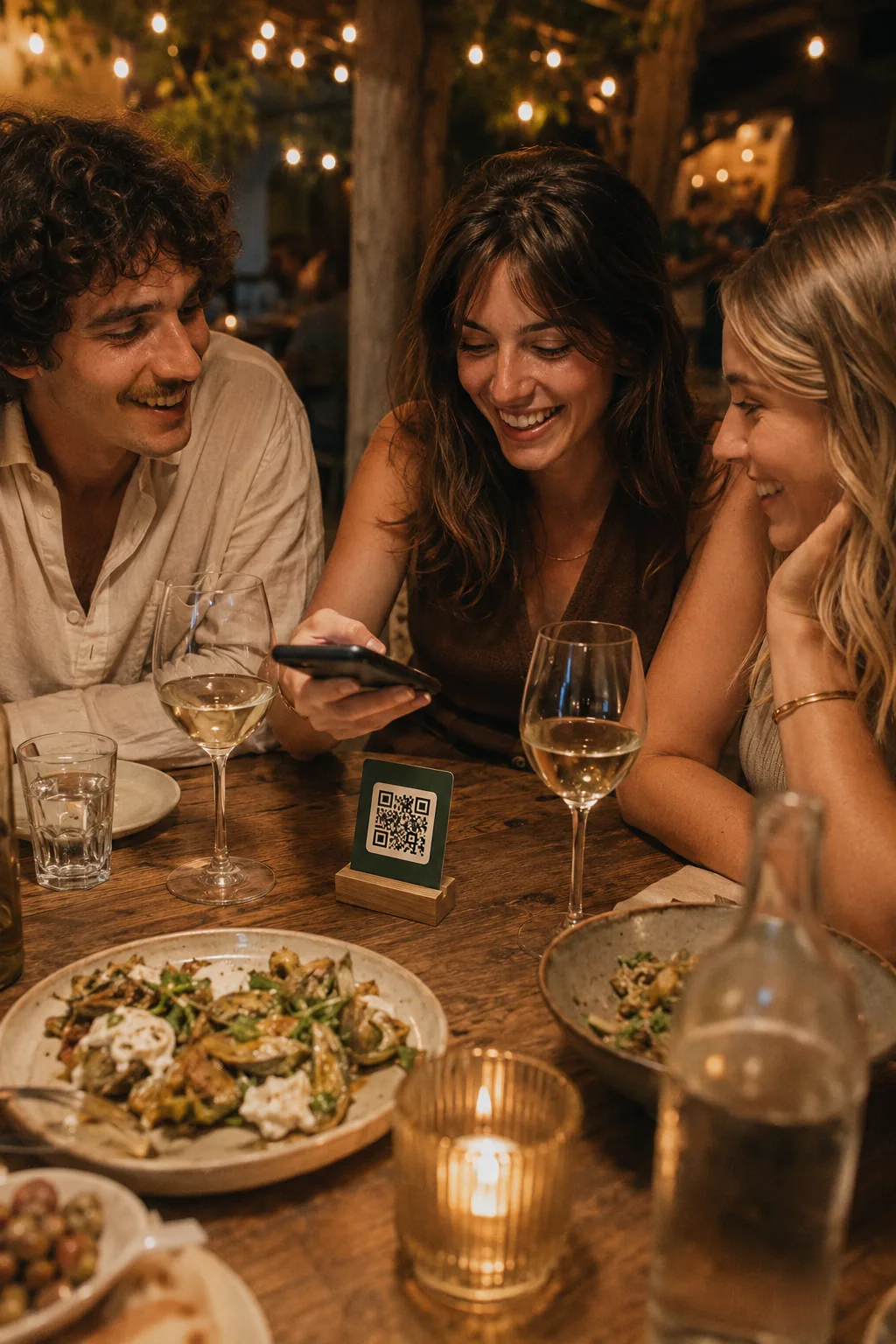 Zagraniczni goście przeglądają menu na telefonie