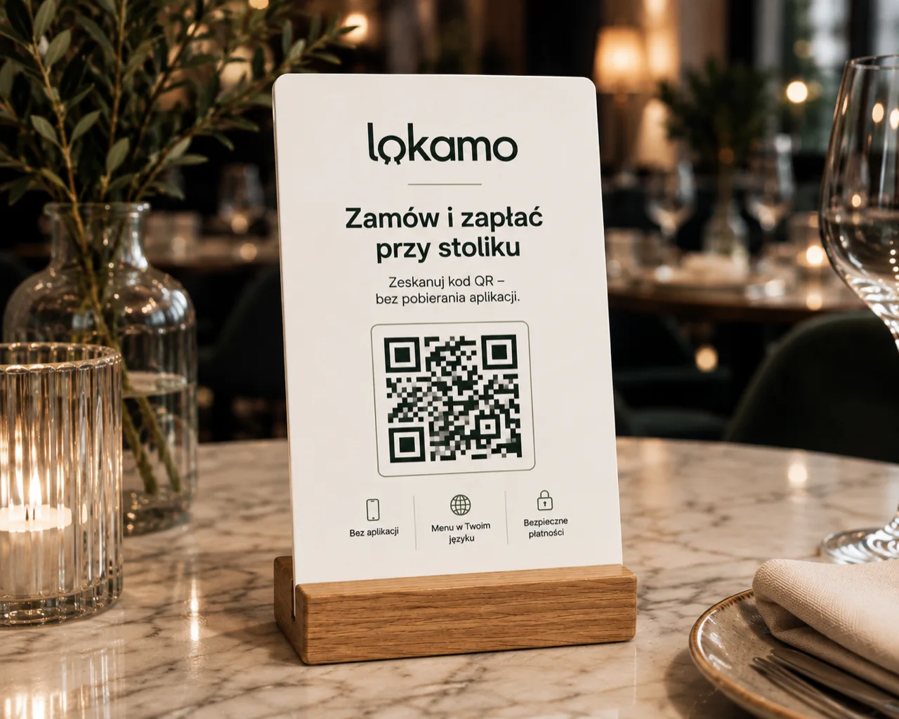 Stojak Lokamo z kodem QR na marmurowym stoliku restauracji, z hasłem: Zamów przy stoliku, zeskanuj kod QR bez pobierania aplikacji