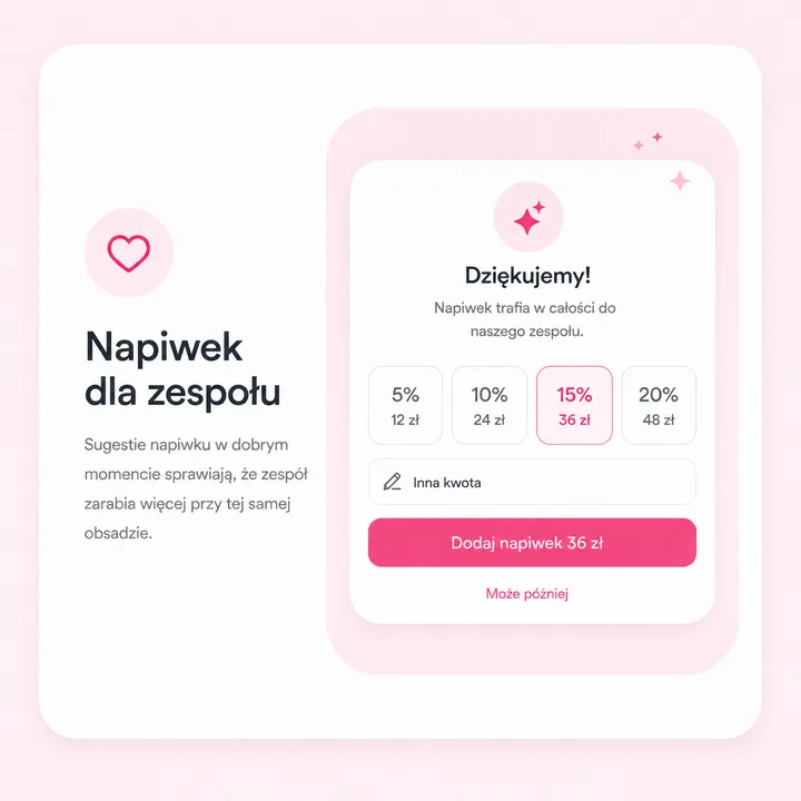 Ekran podziękowania z wyborem napiwku 5, 10, 15 lub 20 procent i przyciskiem dodaj napiwek 36 zł