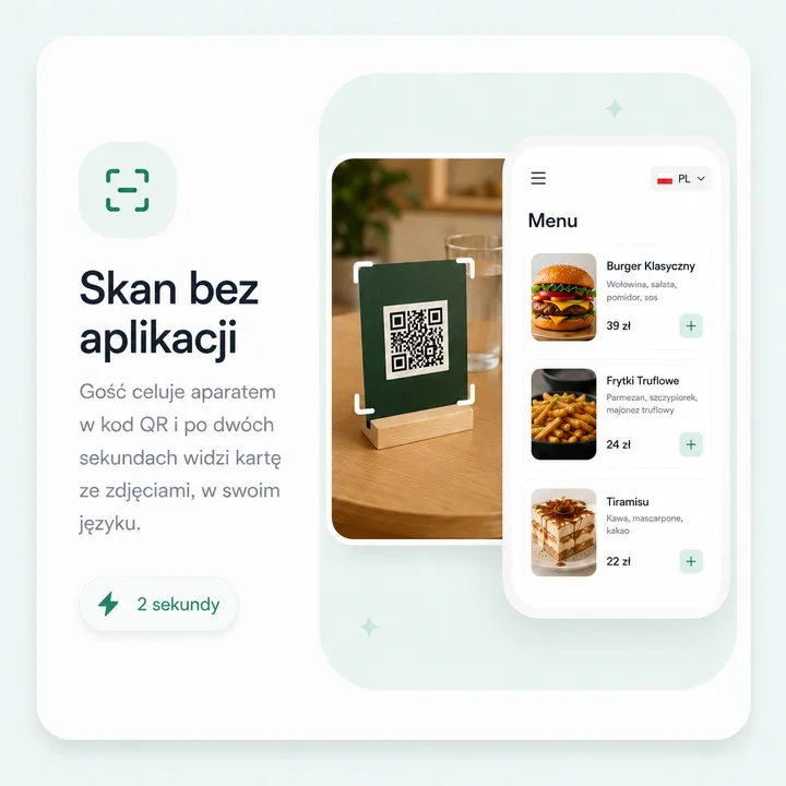 Ekran skanowania: zielony stojak z kodem QR na stoliku obok telefonu z otwartą kartą menu po polsku